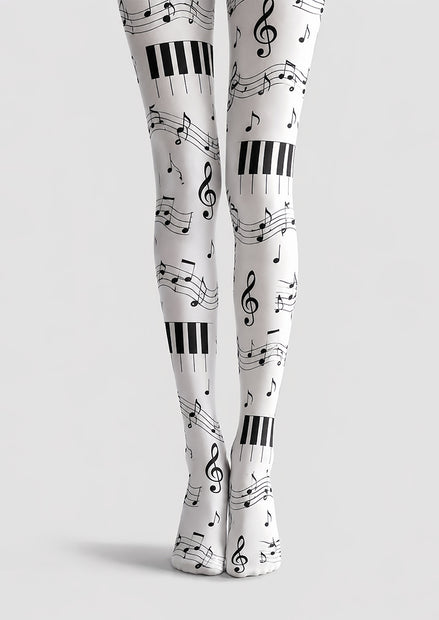 Music Note Tights Black White Piano Pattern Hosiery L68-39