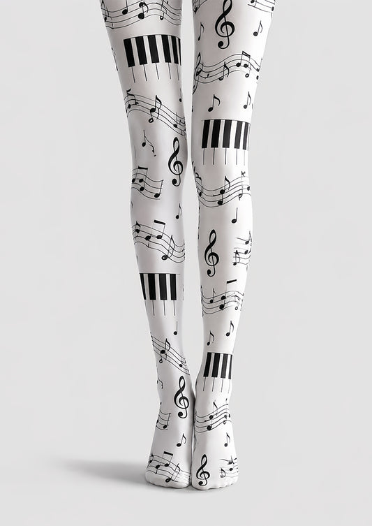 Music Note Tights Black White Piano Pattern Hosiery L68-39