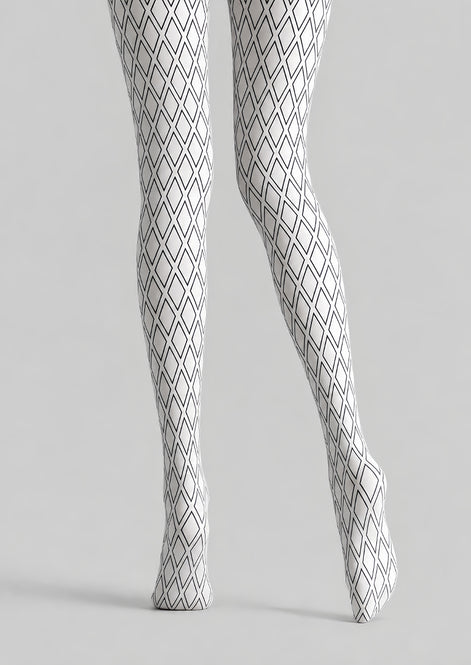 White Tights Black Diamond Lattice Graphic Pantyhose L68-41