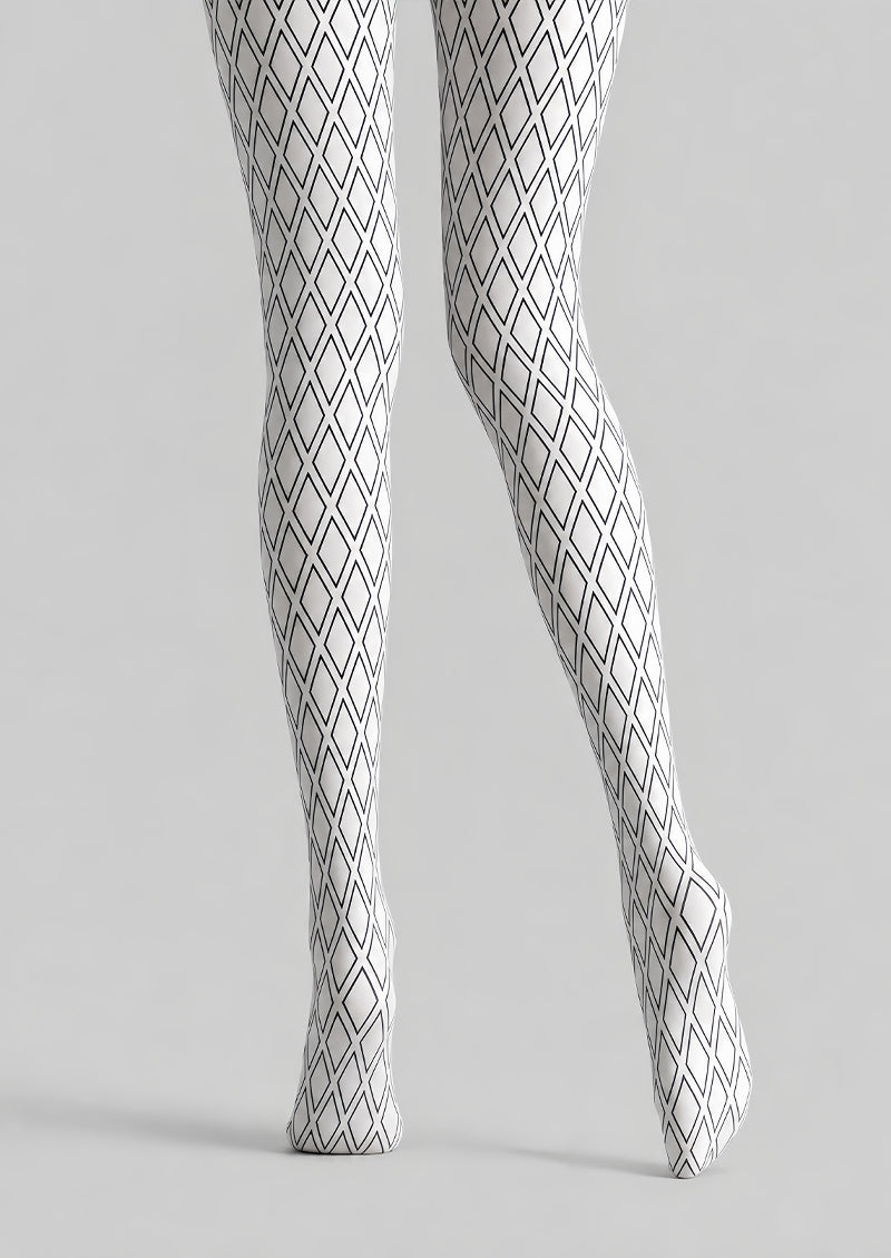 White Tights Black Diamond Lattice Graphic Pantyhose L68-41