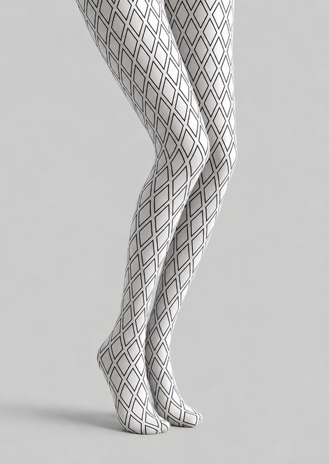 White Tights Black Diamond Lattice Graphic Pantyhose L68-41