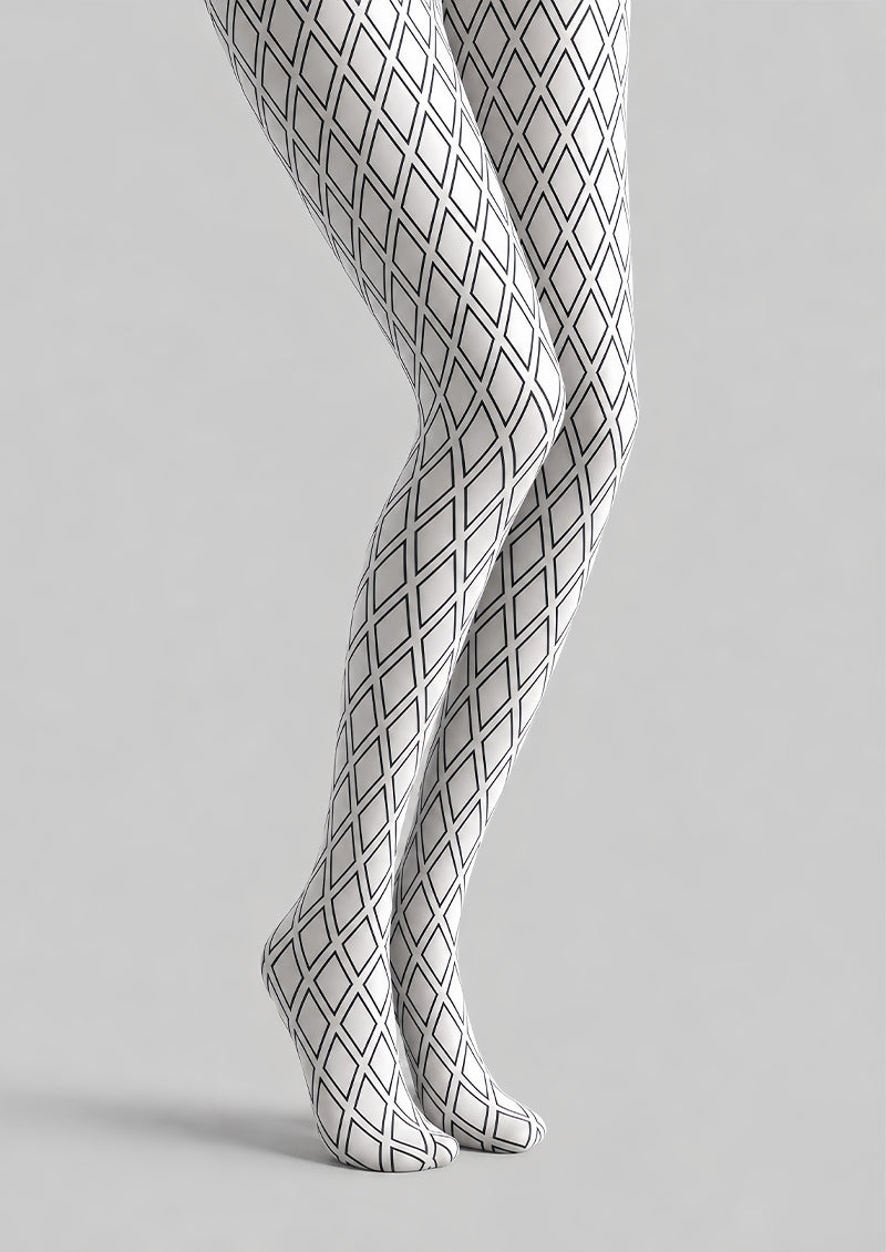 White Tights Black Diamond Lattice Graphic Pantyhose L68-41