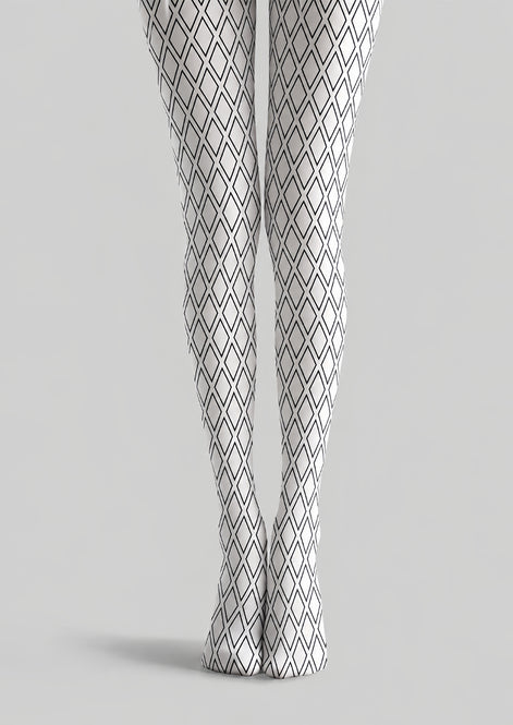 White Tights Black Diamond Lattice Graphic Pantyhose L68-41