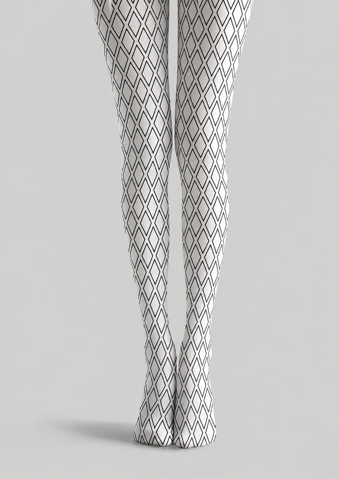 White Tights Black Diamond Lattice Graphic Pantyhose L68-41