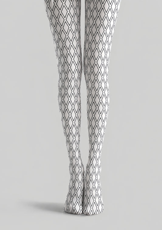 White Tights Black Diamond Lattice Graphic Pantyhose L68-41