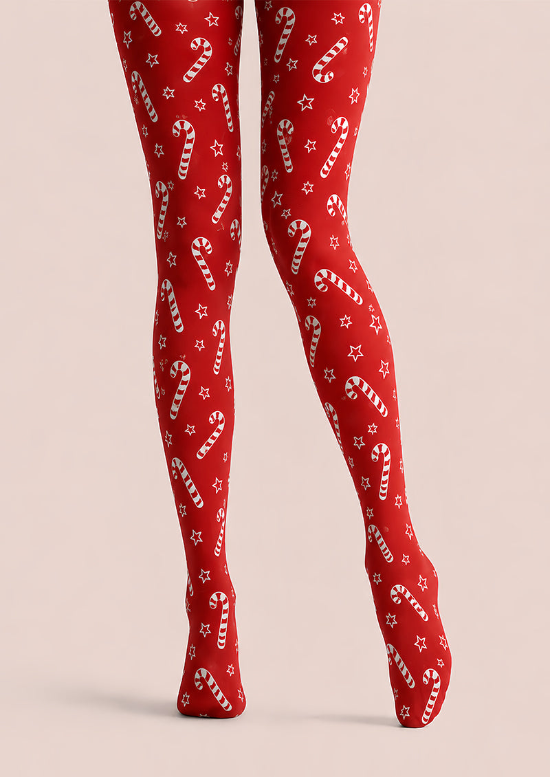Christmas Red Tights Candy Cane Print Festive Hosiery L68-42