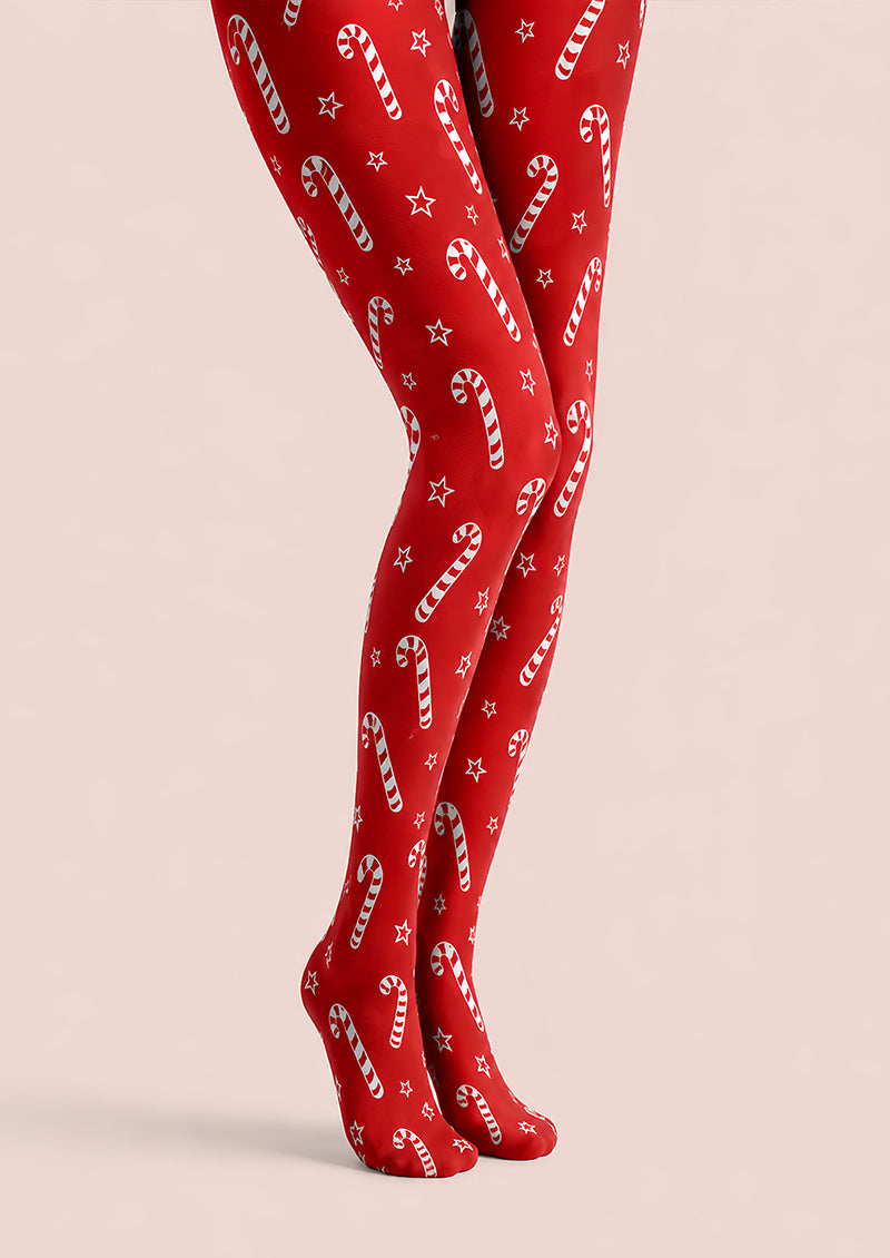 Christmas Red Tights Candy Cane Print Festive Hosiery L68-42