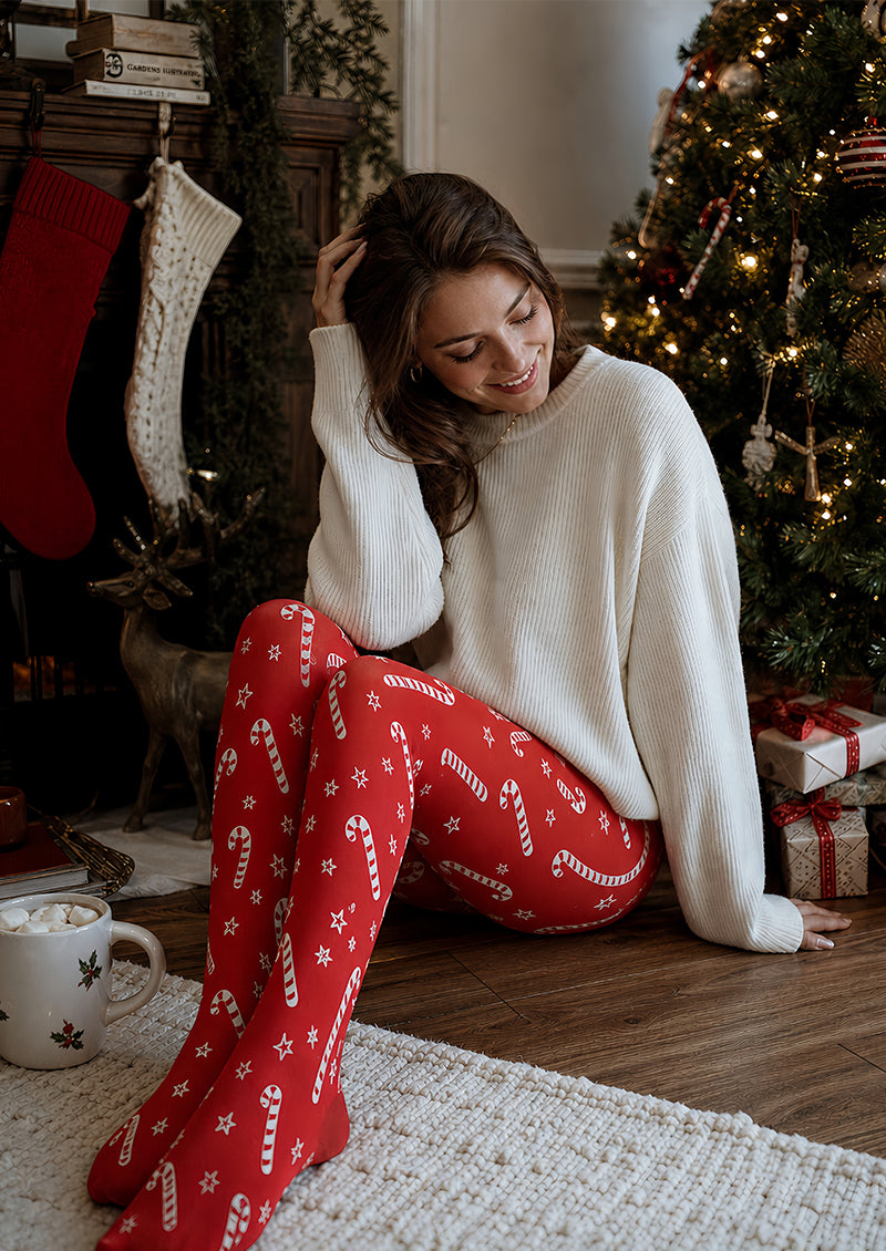 Christmas Red Tights Candy Cane Print Festive Hosiery L68-42