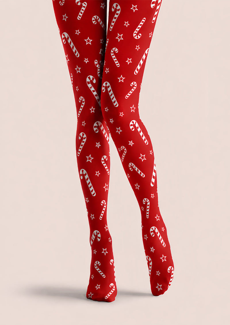 Christmas Red Tights Candy Cane Print Festive Hosiery L68-42
