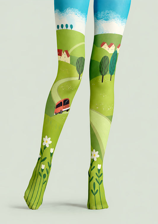 Cottagecore Tights Green Landscape Print Pantyhose L68-48