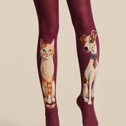 Burgundy Cute Cat Dog Graphic Pantyhose Tights L68-5