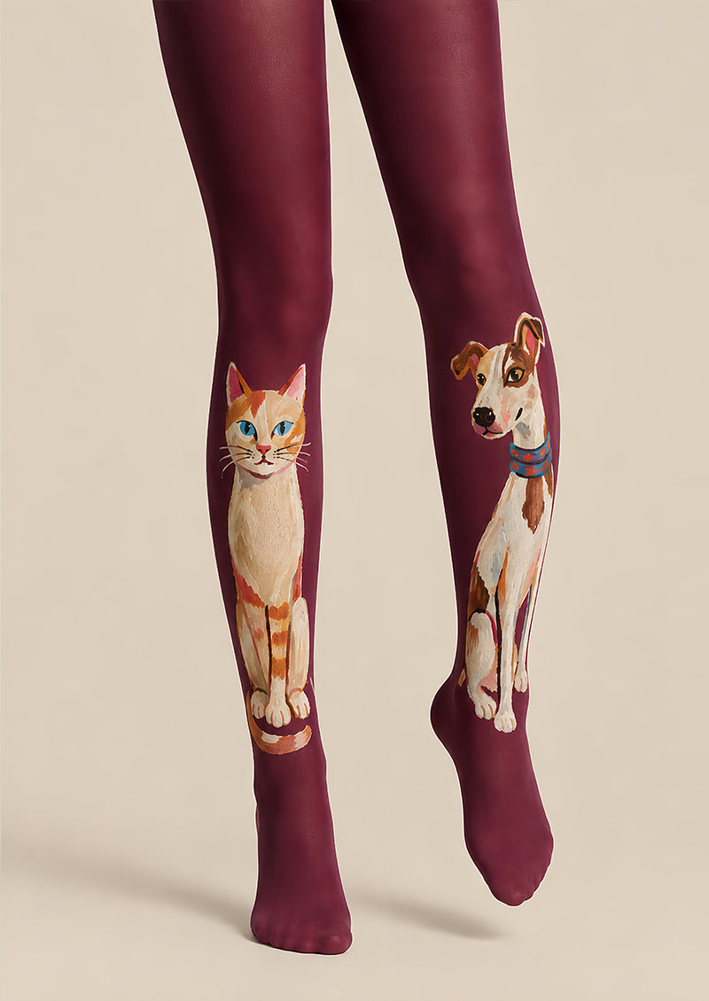 Burgundy Cute Cat Dog Graphic Pantyhose Tights L68-5