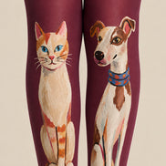 Burgundy Cute Cat Dog Graphic Pantyhose Tights L68-5