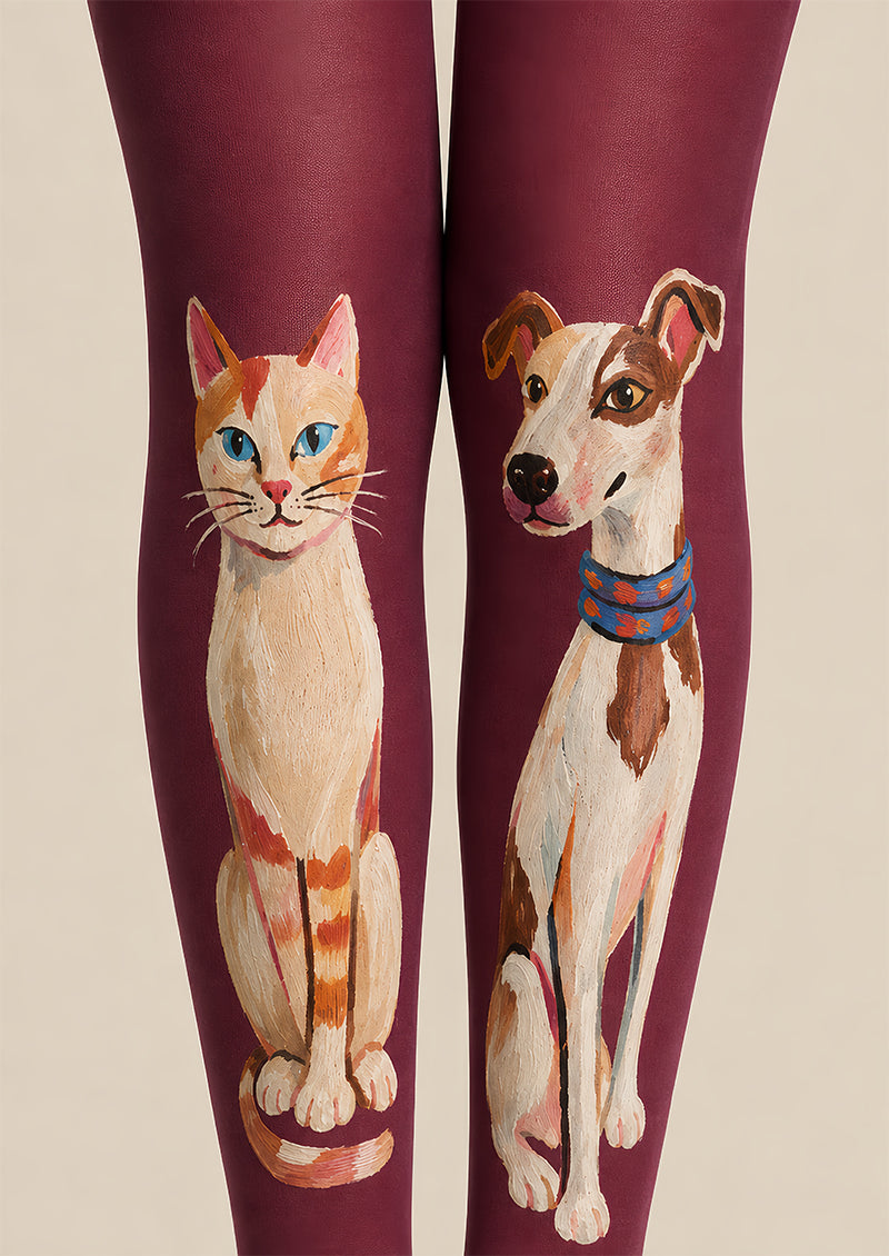 Burgundy Cute Cat Dog Graphic Pantyhose Tights L68-5