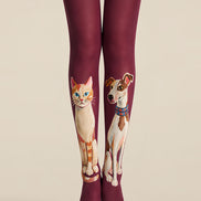Burgundy Cute Cat Dog Graphic Pantyhose Tights L68-5
