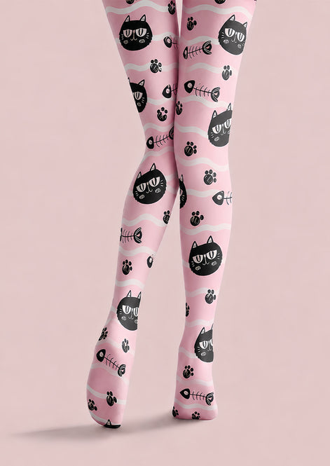 Pink Black Cat Graphic Tights Cute Pantyhose L68-51