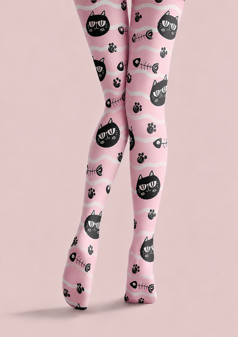 Pink Black Cat Graphic Tights Cute Pantyhose L68-51