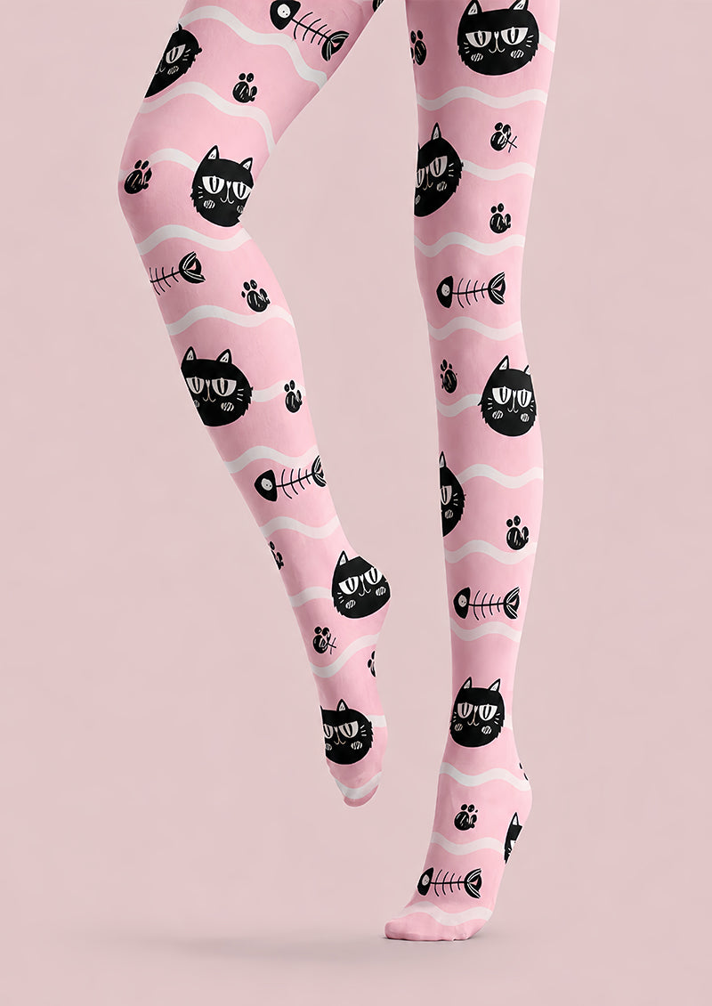 Pink Black Cat Graphic Tights Cute Pantyhose L68-51