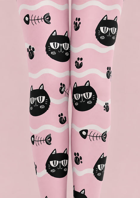 Pink Black Cat Graphic Tights Cute Pantyhose L68-51