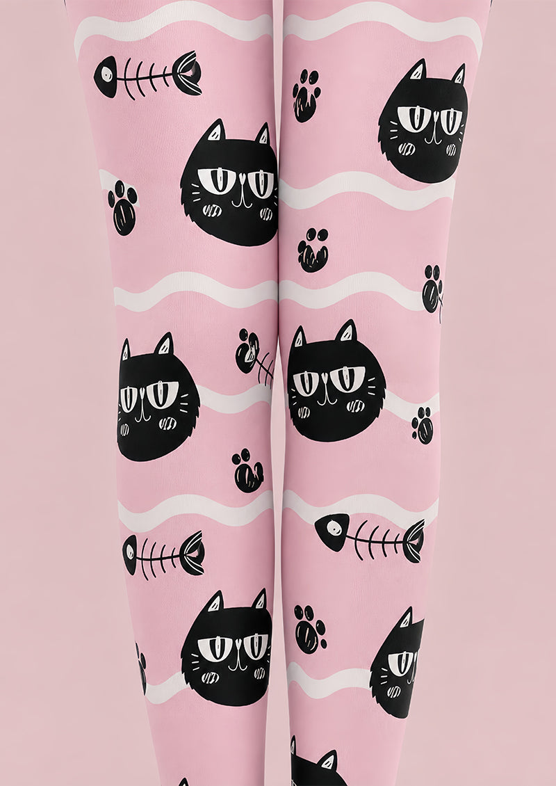 Pink Black Cat Graphic Tights Cute Pantyhose L68-51