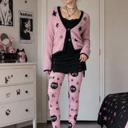 Pink Black Cat Graphic Tights Cute Pantyhose L68-51