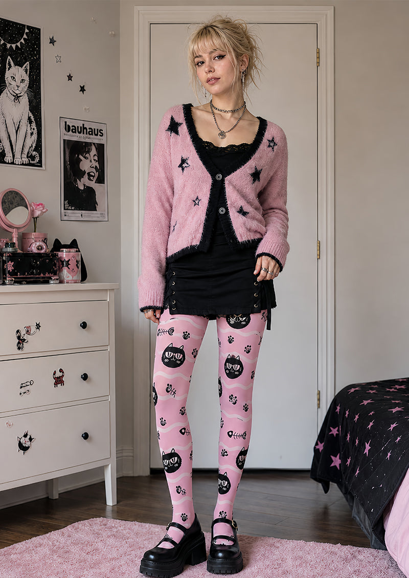 Pink Black Cat Graphic Tights Cute Pantyhose L68-51