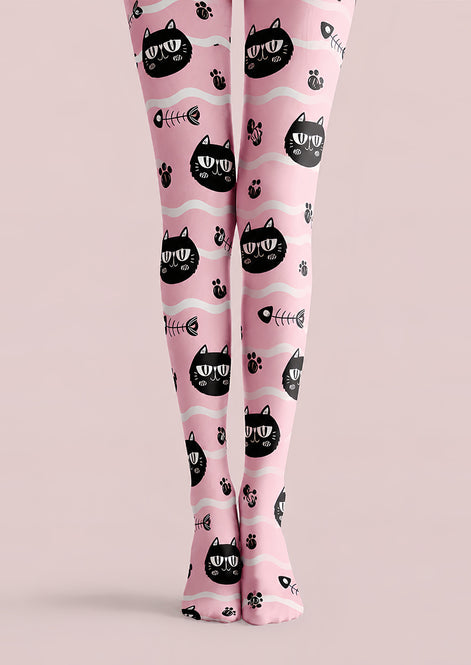 Pink Black Cat Graphic Tights Cute Pantyhose L68-51