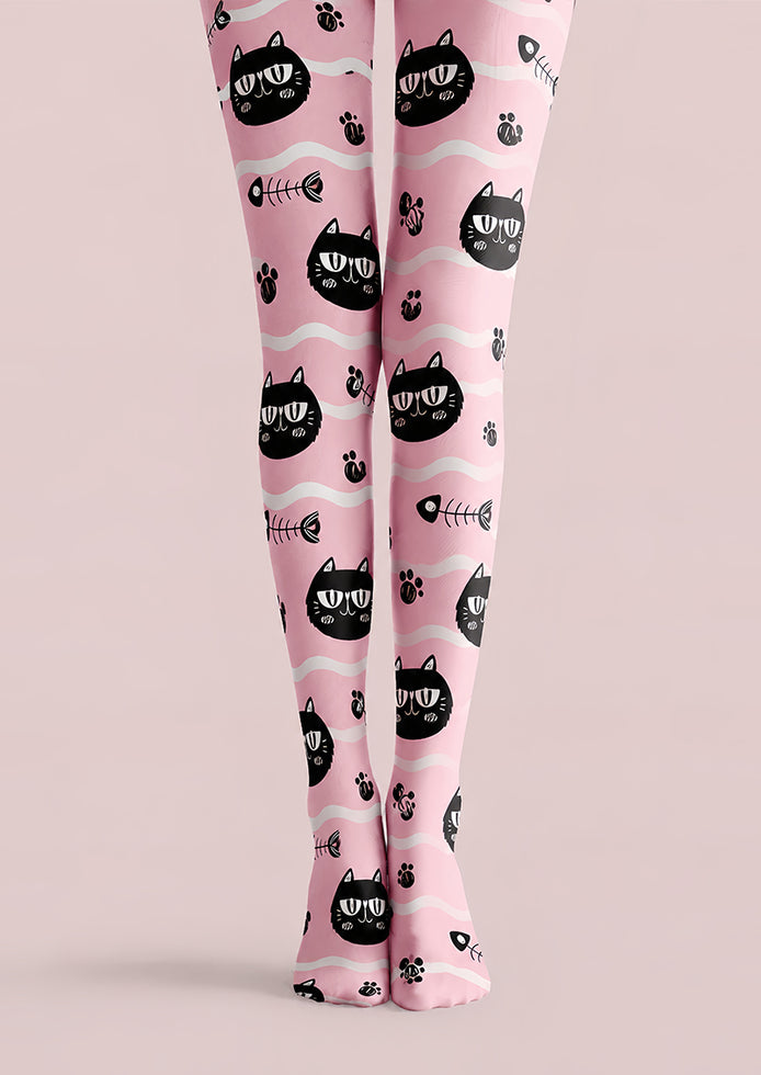 Pink Black Cat Graphic Tights Cute Pantyhose L68-51