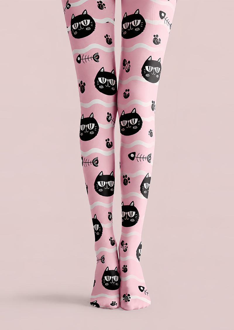 Pink Black Cat Graphic Tights Cute Pantyhose L68-51