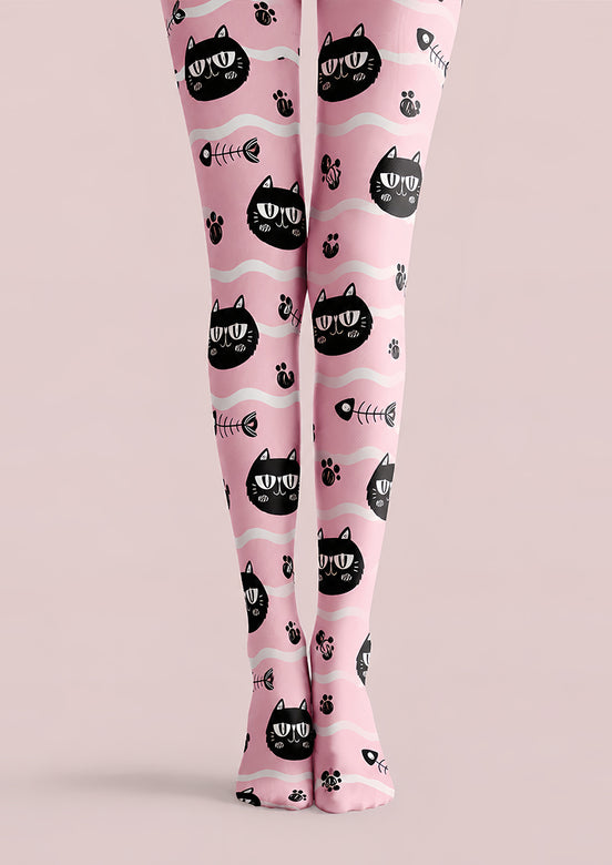 Pink Black Cat Graphic Tights Cute Pantyhose L68-51