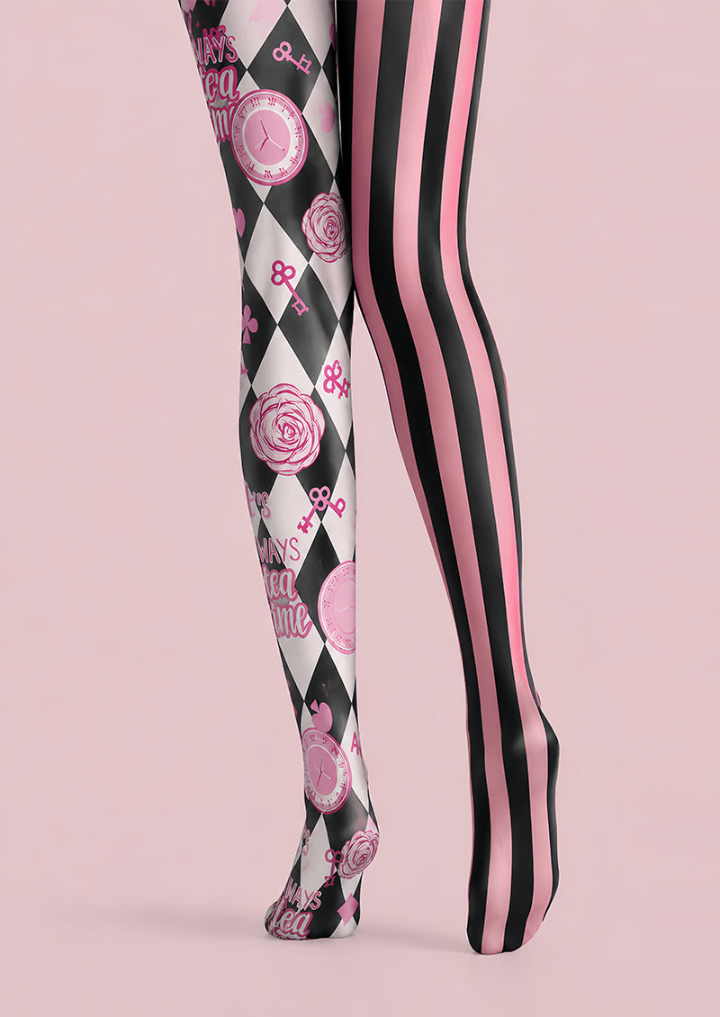 Pink Black Harlequin Tights Tea Party Graphic Pantyhose L68-52