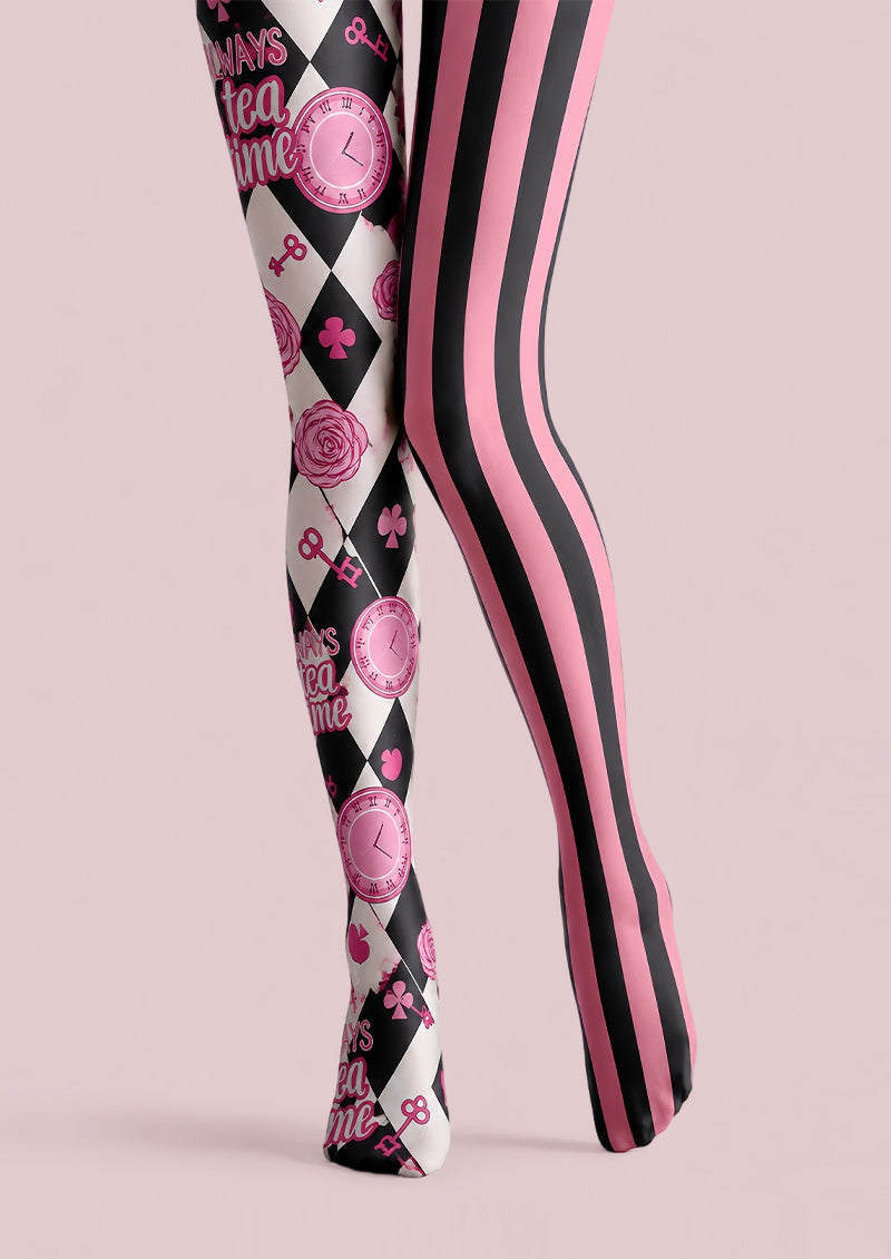 Pink Black Harlequin Tights Tea Party Graphic Pantyhose L68-52