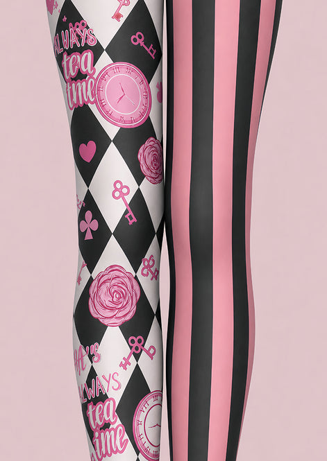 Pink Black Harlequin Tights Tea Party Graphic Pantyhose L68-52