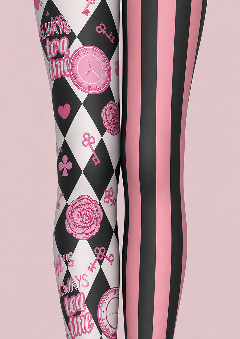 Pink Black Harlequin Tights Tea Party Graphic Pantyhose L68-52