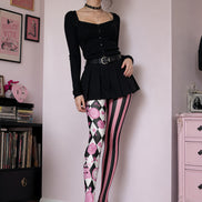 Pink Black Harlequin Tights Tea Party Graphic Pantyhose L68-52