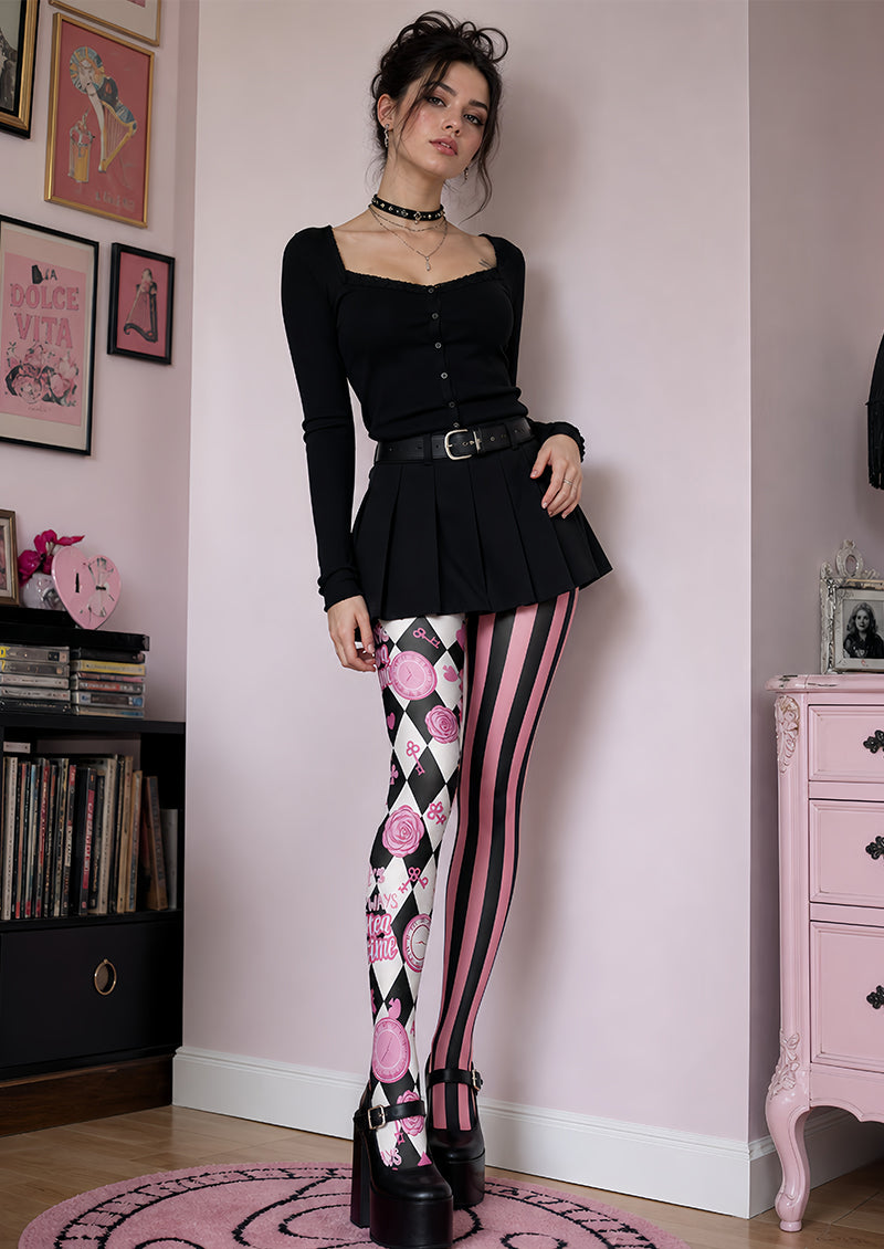 Pink Black Harlequin Tights Tea Party Graphic Pantyhose L68-52