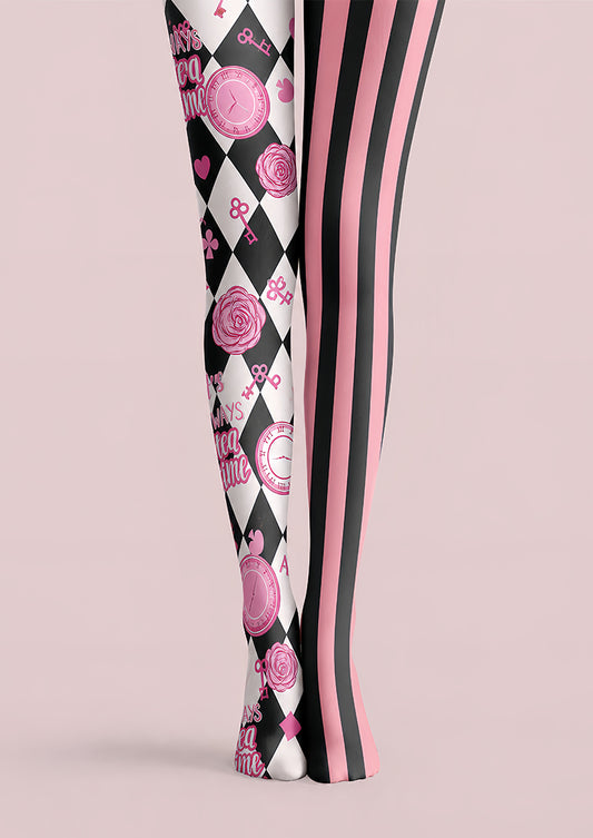 Pink Black Harlequin Tights Tea Party Graphic Pantyhose L68-52