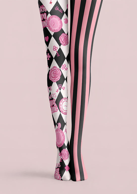 Pink Black Harlequin Tights Tea Party Graphic Pantyhose L68-52