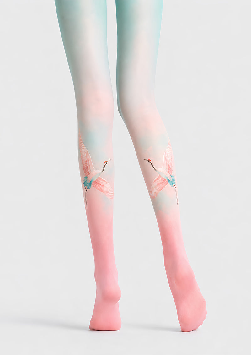 Pastel Crane Tights Pink Blue Artistic Pantyhose L68-53