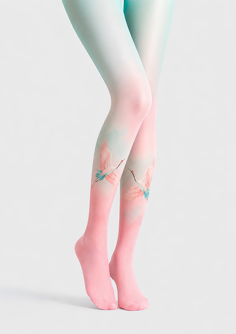 Pastel Crane Tights Pink Blue Artistic Pantyhose L68-53