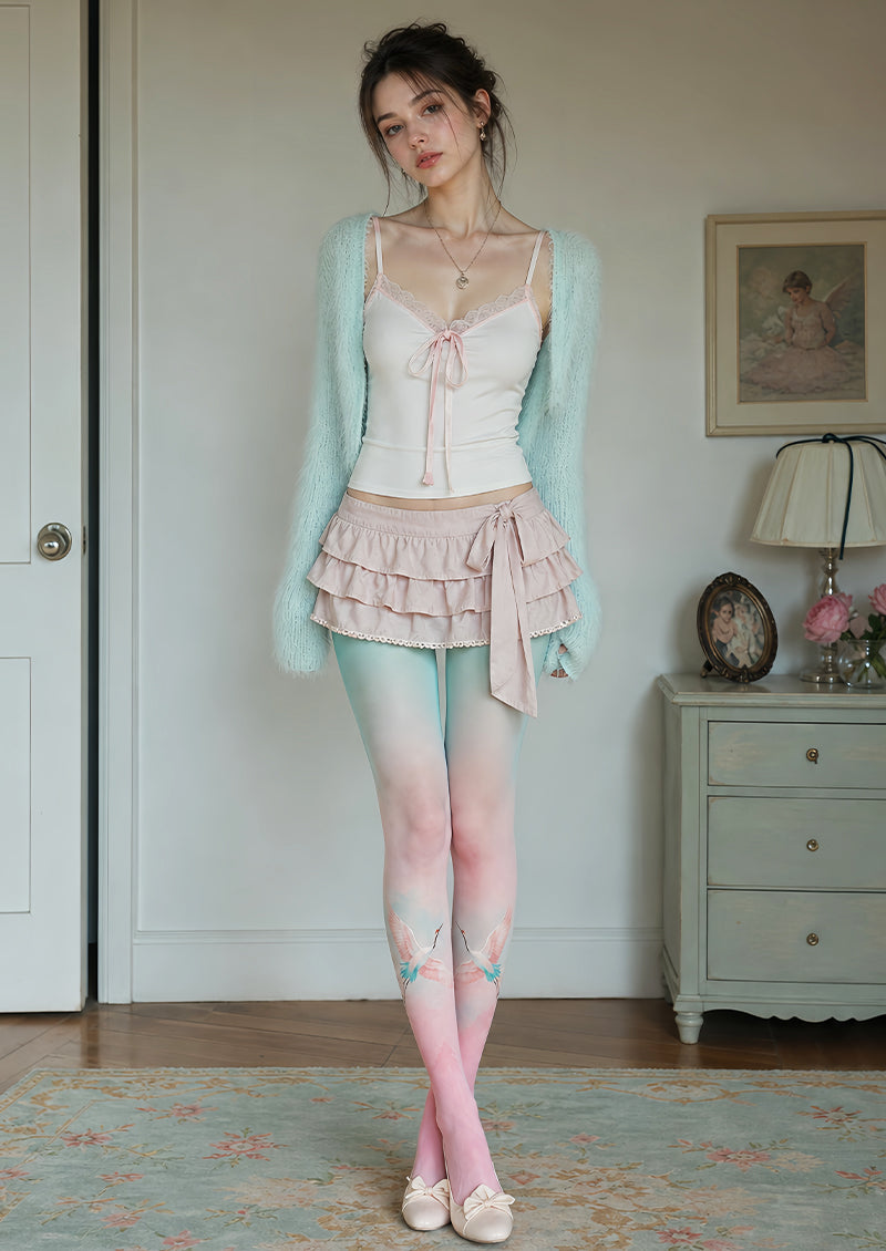 Pastel Crane Tights Pink Blue Artistic Pantyhose L68-53