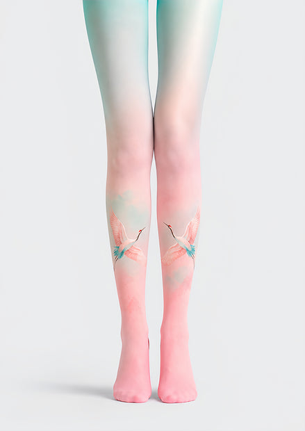 Pastel Crane Tights Pink Blue Artistic Pantyhose L68-53