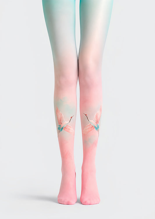 Pastel Crane Tights Pink Blue Artistic Pantyhose L68-53