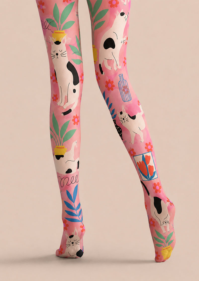 Pink Animal Print Pantyhose Cute Cat Tights L68-57