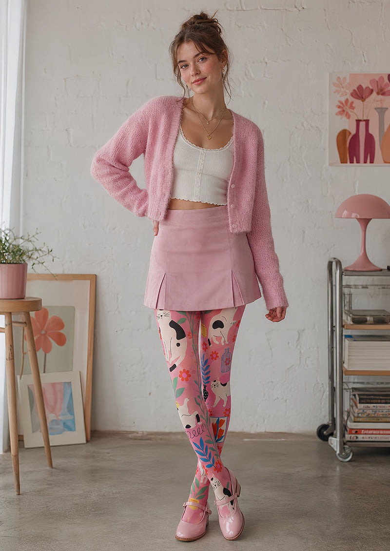 Pink Animal Print Pantyhose Cute Cat Tights L68-57