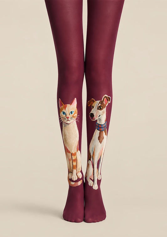 Burgundy Cute Cat Dog Graphic Pantyhose Tights L68-5