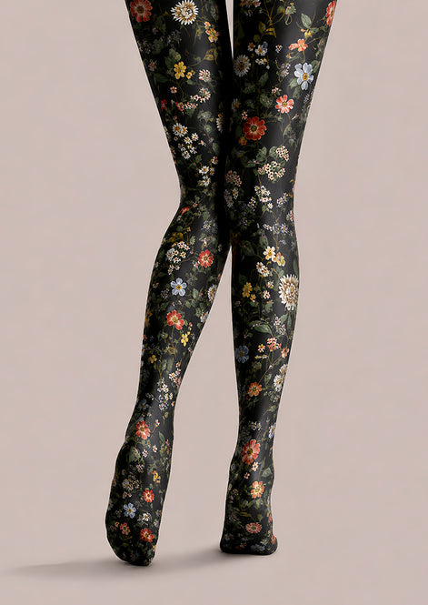 Black Floral Tights Elegant Flower Pattern Hosiery L68-62