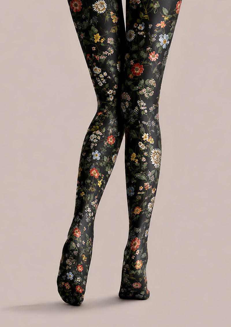 Black Floral Tights Elegant Flower Pattern Hosiery L68-62