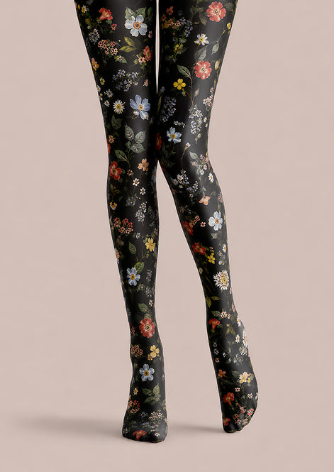 Black Floral Tights Elegant Flower Pattern Hosiery L68-62