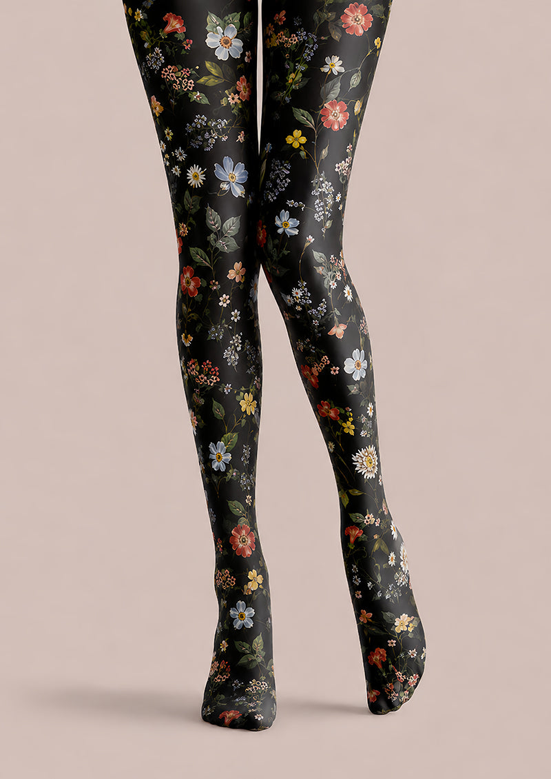 Black Floral Tights Elegant Flower Pattern Hosiery L68-62